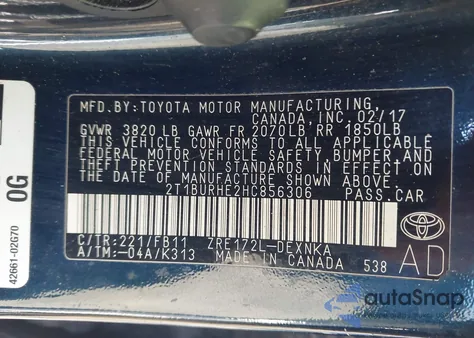 2017 Toyota Corolla Le from USA, damaged, VIN 2T1BURHE2HC856306